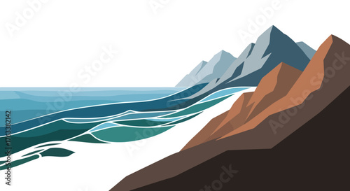 Vibrant Ocean Waves Crashing Against Majestic Coastal Mountains.