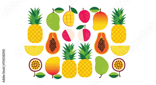 Vibrant Tropical Fruit Collection on White Background.