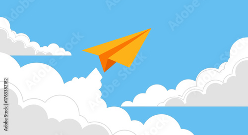 Yellow paper airplane flying through a bright blue sky with white clouds.