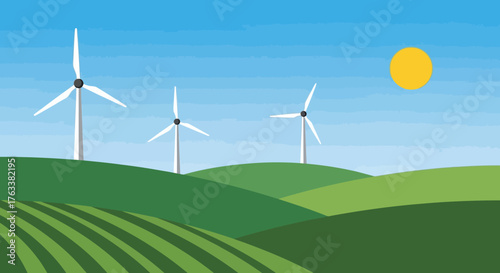 Wind Turbines Generating Clean Energy on Green Rolling Hills.