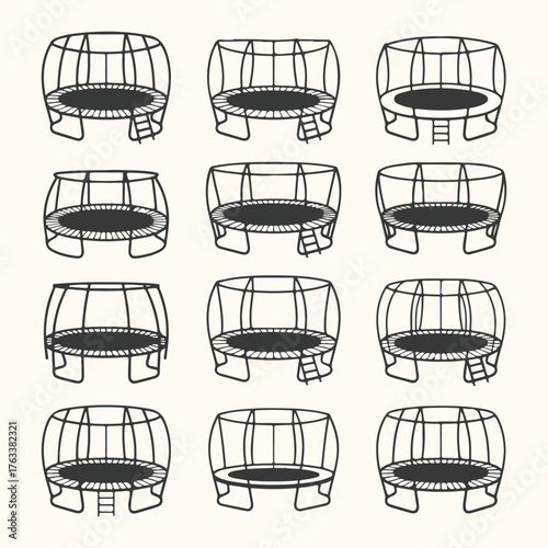 Vector art of collection of trampoline illustrations in a grid pattern, isolated on a light background