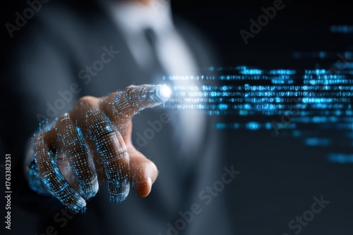 High Tech Innovation Artificial Intelligence Digitalization Man Pointing Binary Code Cybersecurity System Futuristic Networking Interface Automation Engineering
