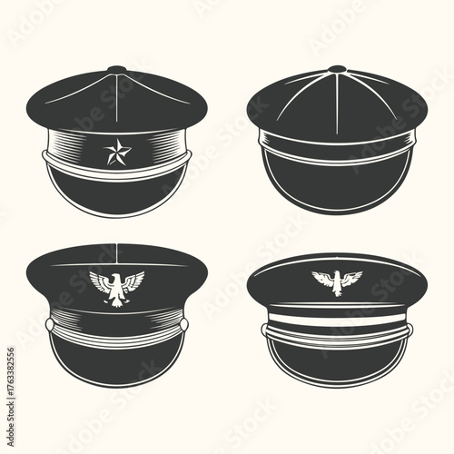 Vector art of set of four vintage military caps with emblems and stripes, isolated on a light background