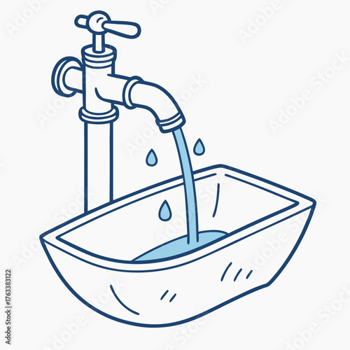 Cartoon faucet pouring water into a basin with drops vector illustration