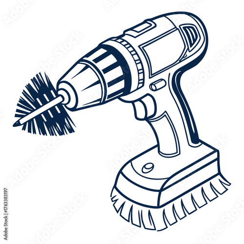 Cordless Drill with Attached Brush Attachments Keywords: drill, cordless drill, power tool, brush attachment, cleaning brush, scrubbing, rotary brush, DIY, construction, repair, maintenance