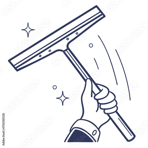 Hand in a sleeve holding a squeegee for window cleaning with sparkles on a white background vector illustration