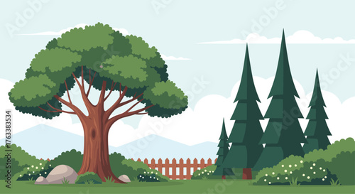 Beautiful Garden Landscape with Large Tree and Pine Trees.