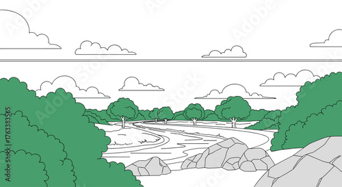 Scenic River Landscape with Lush Greenery and Rocks.