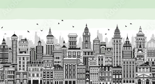 Black and White Cityscape Illustration of Tall Buildings.