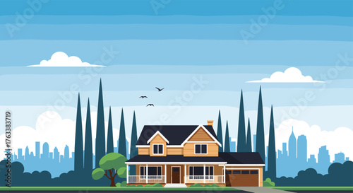 Beautiful suburban house with trees and city skyline.