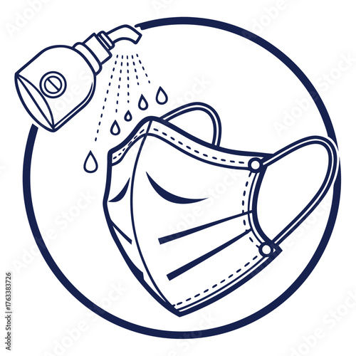 Icon of a face mask being sprayed with liquid from a dispenser Keywords: mask, face mask, protection, hygiene, cleaning, spray, dispenser, liquid, drops, water, health, safety, medical, personal