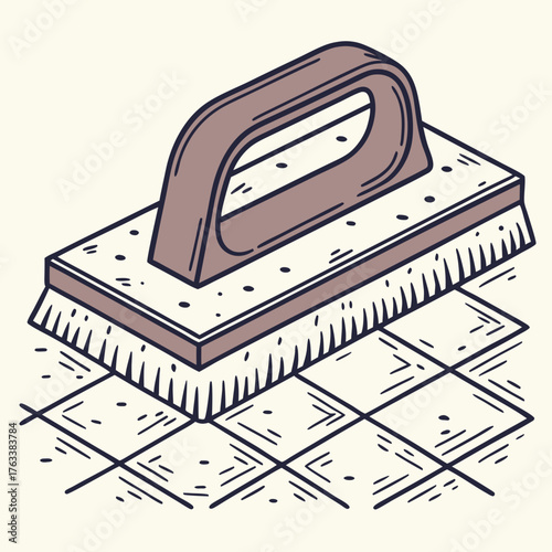 Isometric Drawing of a Scrub Brush on Tiled Surface Keywords: scrub brush, cleaning, brush, bristles, handle, cleaning tool, household, domestic, tiled floor, tiles, grid, surface, isometric
