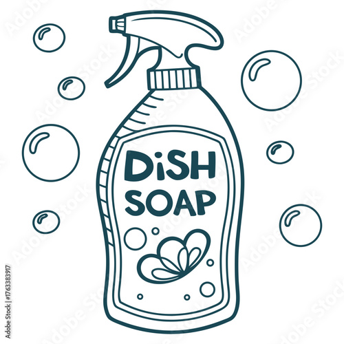 Line art illustration of a dish soap bottle with bubbles detergent cleaning