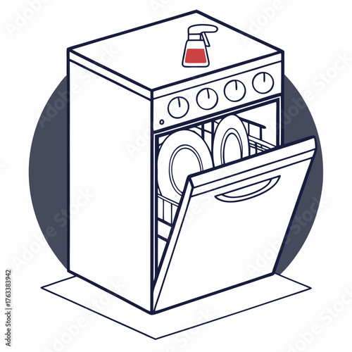 Line art illustration of an open dishwasher filled with plates and a spray bottle on top kitchen appliance