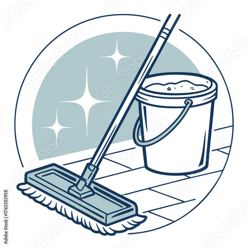 Mop and bucket cleaning icon with sparkling floor and tiled background Keywords: cleaning, mop, bucket, floor, tile, sparkle, shine, hygiene, housework, sanitation, domestic, clean, tool