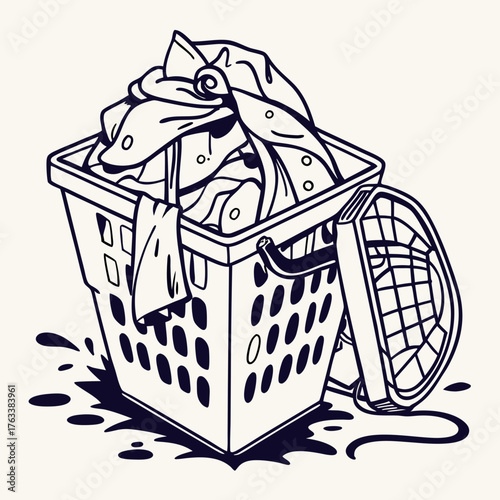 Line art illustration of a laundry basket overflowing with clothes and a spilled pile vector