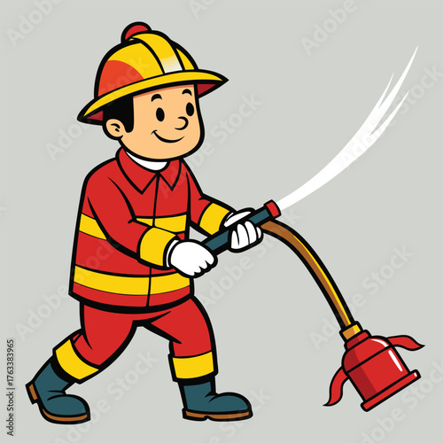 Cartoon Fireman Spraying Water With Hose In Protective Gear Illustration