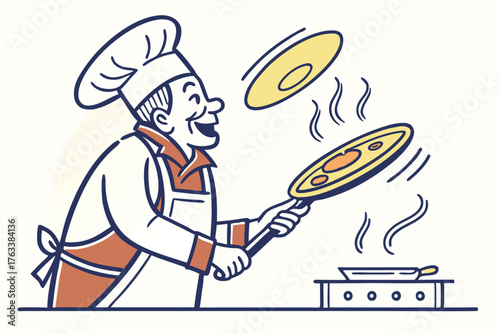 Retro Style Chef Tossing Pancakes With Confidence And Skill Illustration