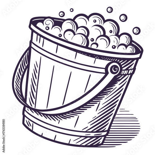 Sketch of a wooden bucket filled with soapy water and bubbles cleaning