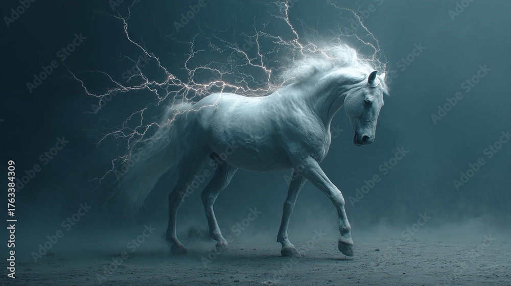 Fototapeta premium Mystical white horse with electric energy, glowing mane and tail, walking powerfully through a moody landscape. Fantasy equine creature.