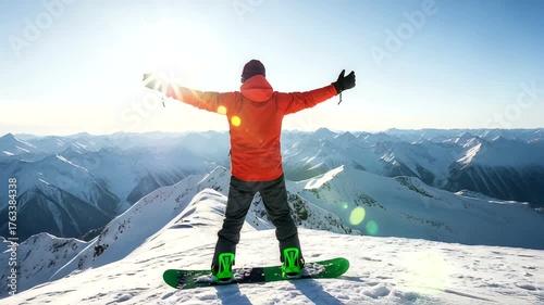 Snowboarder Celebrating at Mountain Summit with Scenic Snowy Landscape