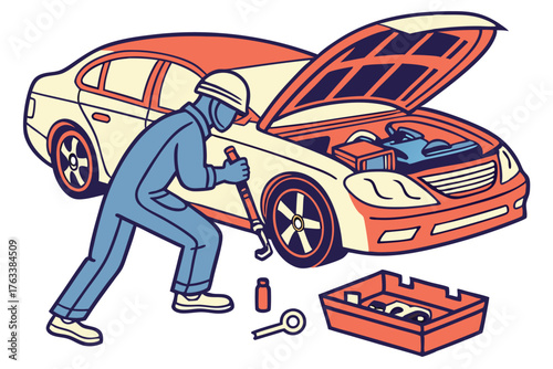 Car Mechanic Repairing Vehicle With Open Hood Cartoon Illustration Vector Graphic