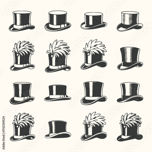 Vector art of collection of vintage top hats and feathered hats, a classic fashion accessory