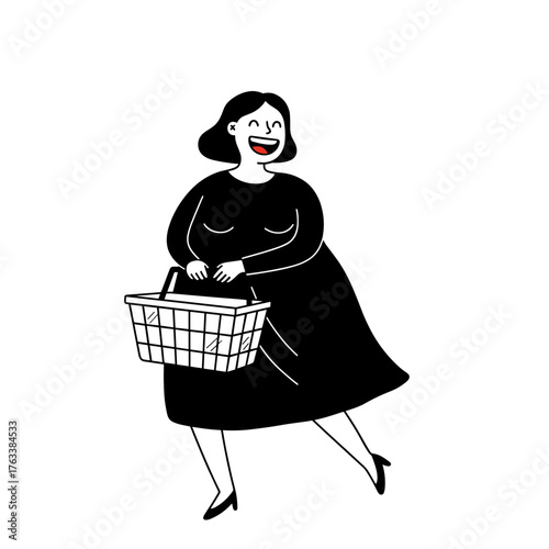 happy plus-size woman smiling and holding a shopping basket 