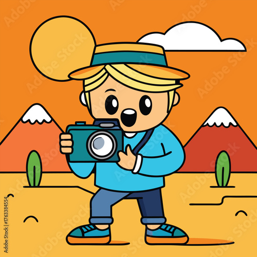 Cartoon Photographer With Camera In A Desert Landscape Graphic Illustration