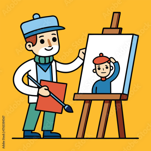 Cartoon Artist Painting Self Portrait On Easel With Brush And Palette