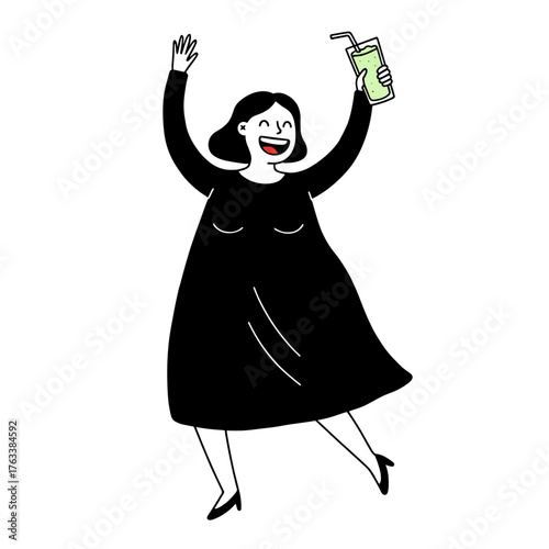 happy plus-size woman smiling and holding a green smoothie 