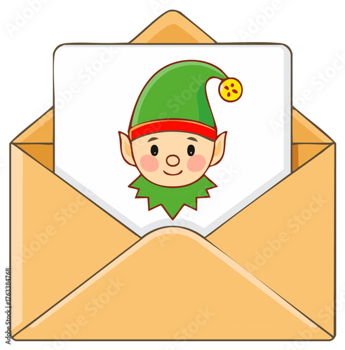 Cartoon Elf Illustration inside Envelope for Christmas Season or Holiday Greetings and Festive Designs