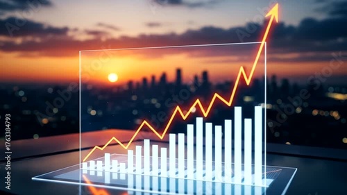 Business growth graph showcasing rising trends against a sunset city skyline