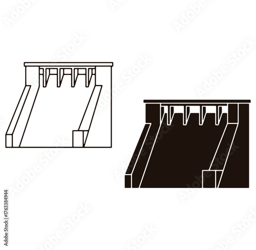 Black and white simple illustration of a hydroelectric dam and water management concept
