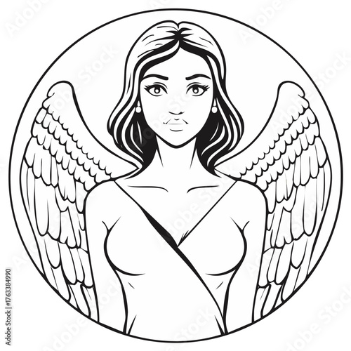 Elegant Angel Woman Portrait with Wings Illustration in Circle, Outline Vector Art