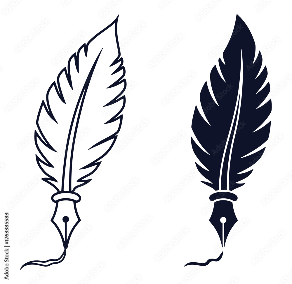 Obraz premium Elegant illustrations of quill pen with feather design vector graphics on a white background