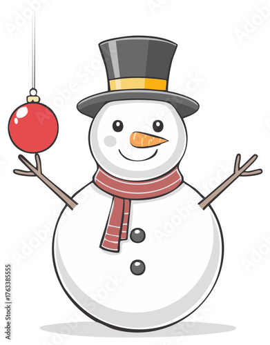 Joyful snowman wearing a hat and scarf holding a red Christmas ornament