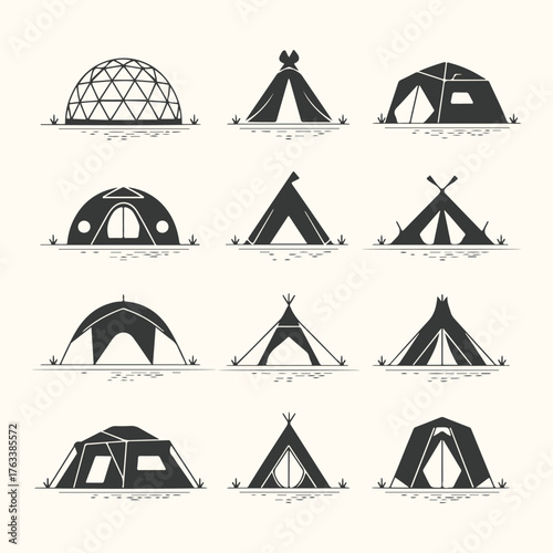 Vector art of collection of various tent types and camping shelters, illustrated in a minimalist style