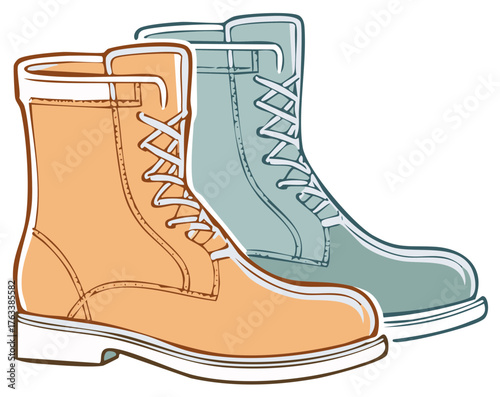 Stylized Illustration of Two Work Boots Tan and Blue Pair of Shoes Fashionable Footwear