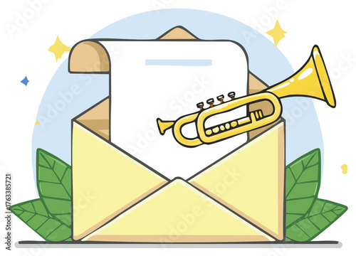 Illustrated Musical Invitation with Trumpet in Envelope and Leaves
