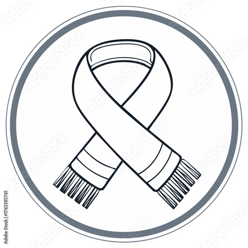 Winter scarf illustration in a circle, monochrome knitted neckwear with tassels drawing