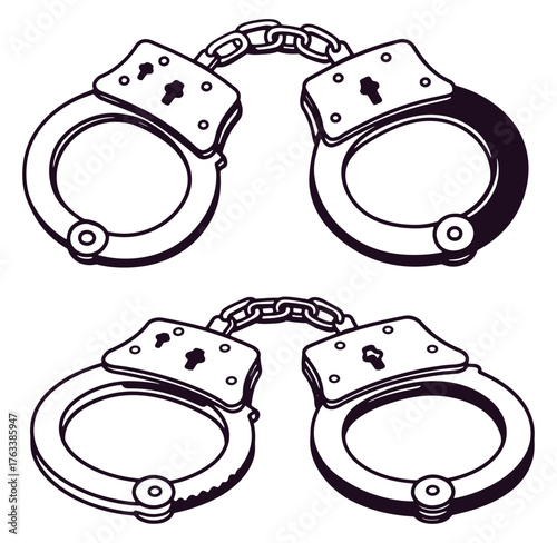 Handcuffs in a black and white vector illustration showing law enforcement and crime concepts
