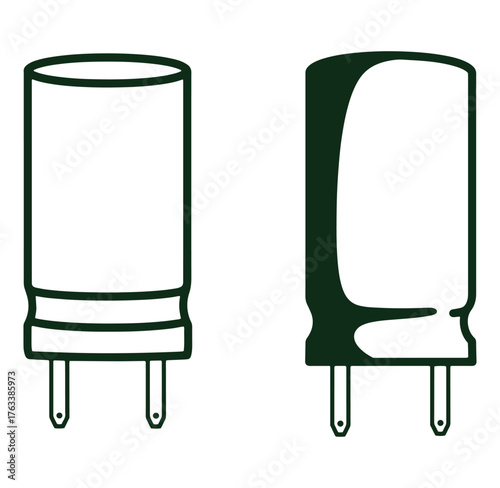 Illustrated electronic capacitors representing basic components of circuit design in various styles