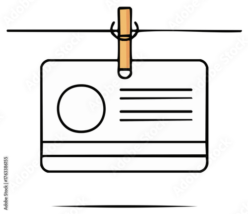 Simple hand drawn identification card badge suspended with a wooden clothespin on a string