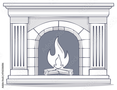 Elegant line art illustration of a classic stone fireplace with a cozy burning fire