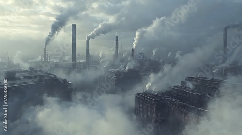 A dense fog of smog over an industrial area with factories emitting smoke, highlighting air pollution