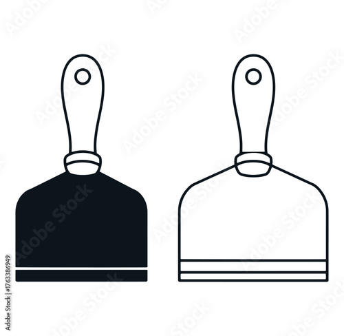 Minimalist vector illustration of two paint scrapers in black and white outline style