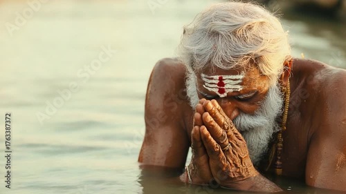 A man with white hair and beard is seen praying in calm waters
