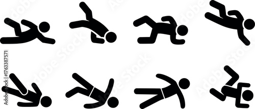 Stick Figure Falling Down in Various Positions Black and White Vector