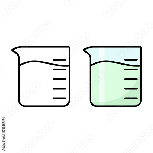 Measuring glass with green liquid. Laboratory theme. Research theme. Education. Vector illustration.